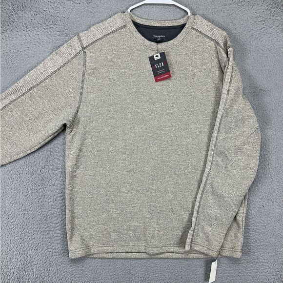 Van Heusen Flex Crewneck Sweatshirt Men Large Tan Grey Fleece Lined Pullover NEW